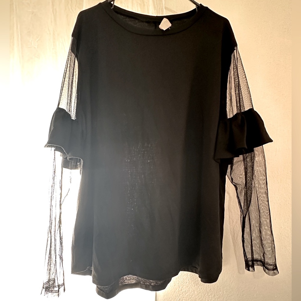 Janette Plus - Black - Plus Size Sheer Long Sleeve Ruffle Shirt